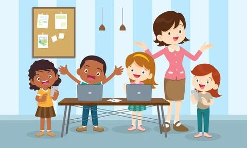 Teacher and kids learning computer technology education Stockillustratie