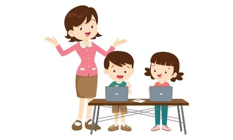 Teacher and kids learning computer technology education Illustrazione stock