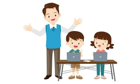 Teacher and kids learning computer technology education Illustrazione stock