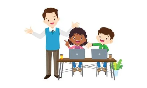 Teacher and kids learning computer technology education イラスト素材