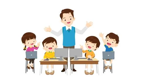 Teacher and kids learning computer technology education Illustrazione stock