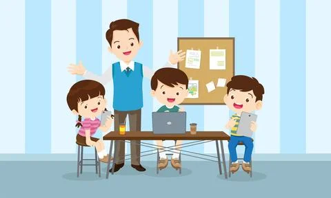 Teacher and kids learning computer technology education 스톡 일러스트