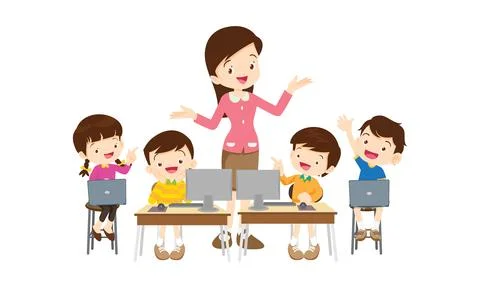 Teacher and kids learning computer technology education イラスト素材