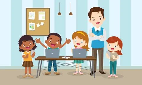 Teacher and kids learning computer technology education Illustrazione stock