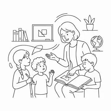 Teacher and kids learning reading book classroom Silhouette Ilustração Stock