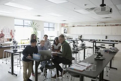 Teacher and middle school students conducting scientific experiment at laptop in Stock Photos