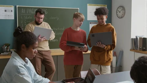 Teacher and Schoolchildren Practicing in Writing Prompts for AI Generator Stock Footage 318720133
