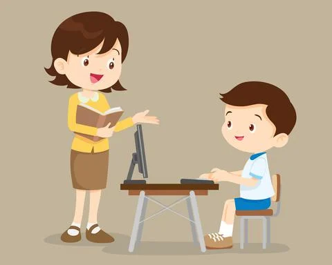 Teacher and student boy learning computer 스톡 일러스트
