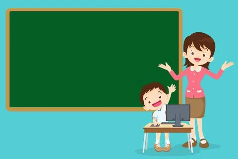 Teacher and student boy learning computer hand up Stock Illustration