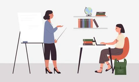 Teacher and student in classroom, learning process, class lesson in school Illustrazione stock