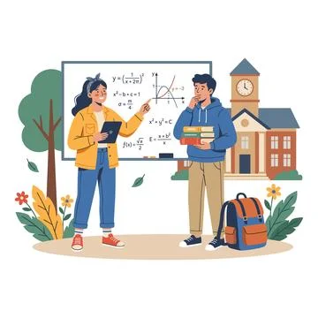 Teacher and Student Discussing Math Formulas at Whiteboard Near School Stock Illustration