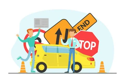 Teacher and Student Learning to Drive, Driving School Concept Cartoon Vector Stock Illustration