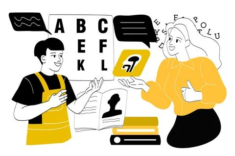 Teacher and student learning language together. Illustrazione stock