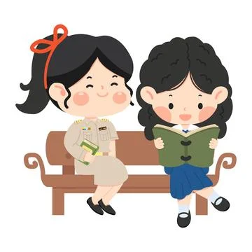 Teacher and Student Reading Together on Bench Stock Illustration