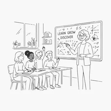 Teacher and students in classroom with educational board Learn Grow Discove.. Stock Illustration