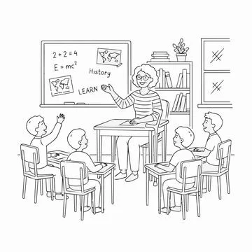 Teacher and students in classroom, learning, education, school, illustratio.. Ilustração Stock