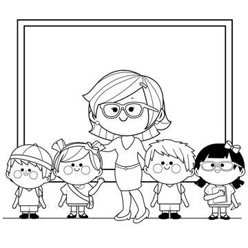 Teacher and students in the classroom. Vector black and white coloring page. Stock Illustration