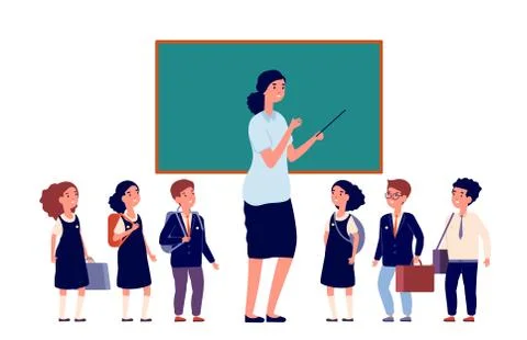 Teacher and students. Elementary school pupils. Young lady near chalkboard and Illustrazione stock