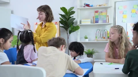 Teacher and students, Learn and study in a classroom of school Video stock 285332884
