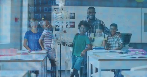 Teacher and students posing for class shot camera starting scan lines flashing Stock Footage 331214440