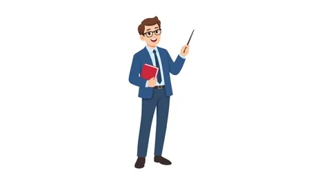 Teacher animated pointing with stick holding book 4K white background Stock Footage 345856672