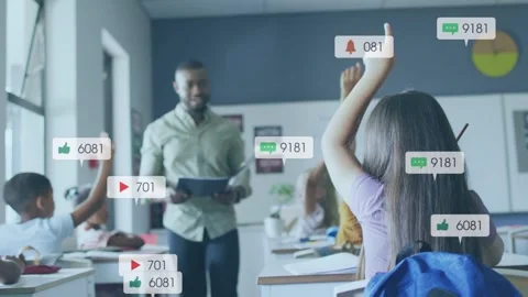 Teacher asking in class walking pointing at front girl calling student icons Stock Footage 332955924