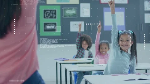 Teacher asking question at front, students raising hands to answer in education, Stock Footage 334337337
