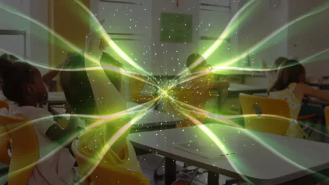 Teacher asking question while boy raising hand, green rays pulsing around Stock Footage 312280618