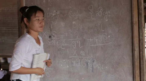 Teacher at Black board at a School in  Burma Stock Footage
