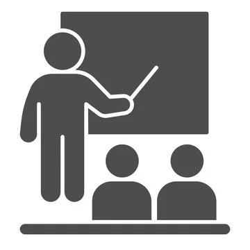 Teacher at the blackboard and students solid icon, education concept, lesson in Illustrazione stock