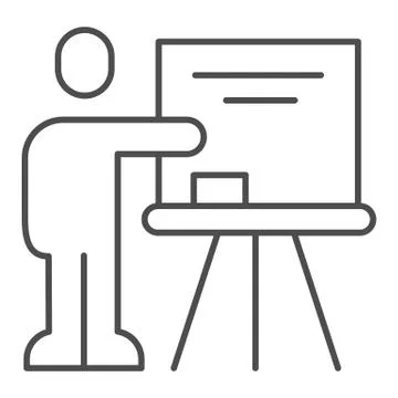 Teacher at blackboard thin line icon. Visual presentation, lector pointing at Stock Illustration