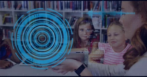 Teacher bringing tablet from right, students reaching smiling for learning as Stock Footage 330426224