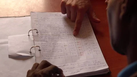 Teacher checking the grades and exam results of students in rural school, Africa Stock Footage 230078664