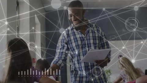 Teacher checking sheet and handing papers in school, data overlay on papers, Vídeo Stock 334368276