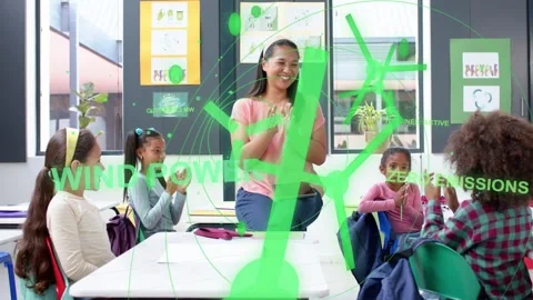 Teacher clapping, initiating students clapping, green AR showing wind icons Stock Footage 333414262