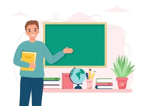 Teacher in classroom. School and learning concept, teacher s day. Cute vector Stock Illustration