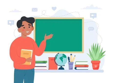 Teacher in classroom. School and learning concept, teacher s day. Cute vector 库存插图