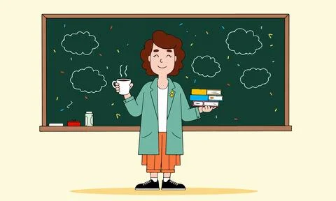 Teacher with Coffee in Classroom Stock Illustration