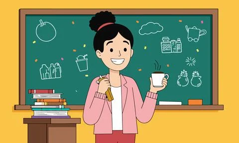 Teacher with Coffee in Classroom Stock-Illustration