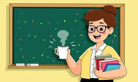 Teacher with Coffee in Classroom Illustration
