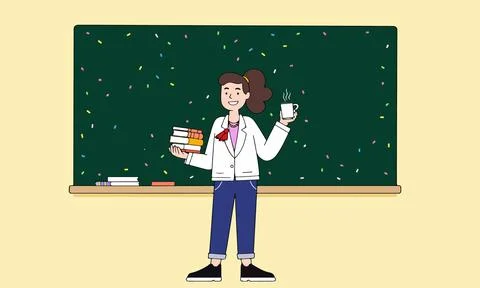 Teacher with Coffee in Classroom 스톡 일러스트