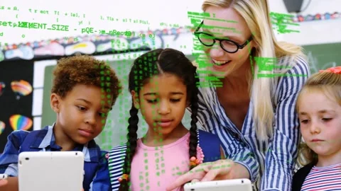 Teacher coming right pointing tablet urging students viewing white tablets under Stock Footage 334373031