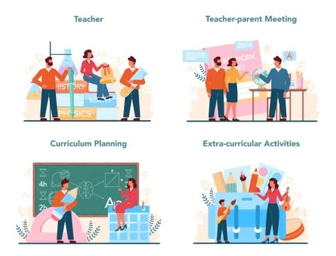 Teacher concept set. Profesor planning curriculum, meeting イラスト素材