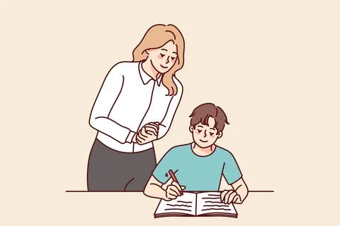 Teacher control pupil writing in notebook Stock Illustration