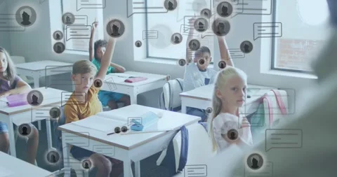 Teacher cueing, students raising hands to answer while chat icons floating over Stock Footage 328469237