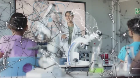 Teacher demonstrating in lab, globe appearing over microscope, students raising Stock Footage 334321843