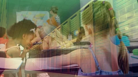 Teacher distributing folder initiating panning to pigtail girl jotting notes for Vídeo Stock 317184972