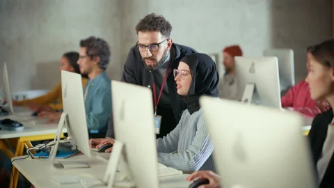 Teacher with Diverse Students Computer Science IT Class Video stock 163964868