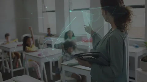 Teacher entering classroom asking question of students, glowing data lines Stock Footage 312347688