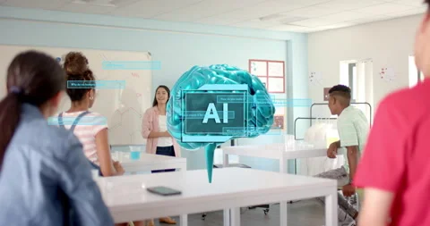 Teacher explaining AI in STEM classroom, initiating holographic brain rising, Stock Footage 316255106